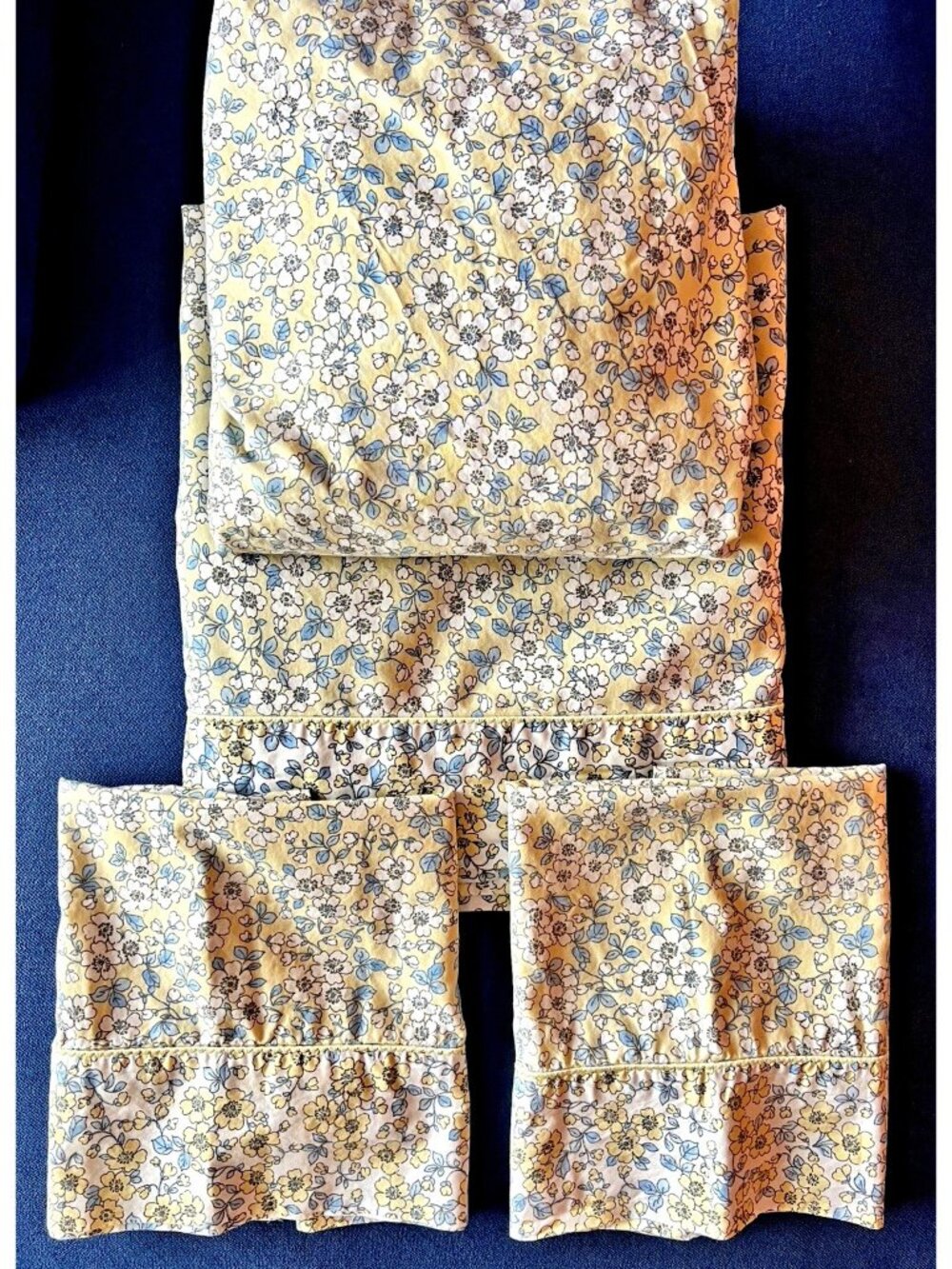 MARTHA STEWART Queen 4pc Sheet Set Macys Floral Blue Yellow 100% Egyptian Cotton